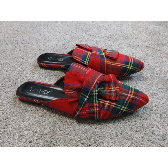 Festive Tinstree Red Plaid Flat Mules Bow Christmas Slides Boutique Size 10 Wome - Picture 1 of 7